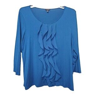 Talbots Teal Jersey Knit Chiffon Ruffle Scoop Neck Long Sleeve Blouse Size XL